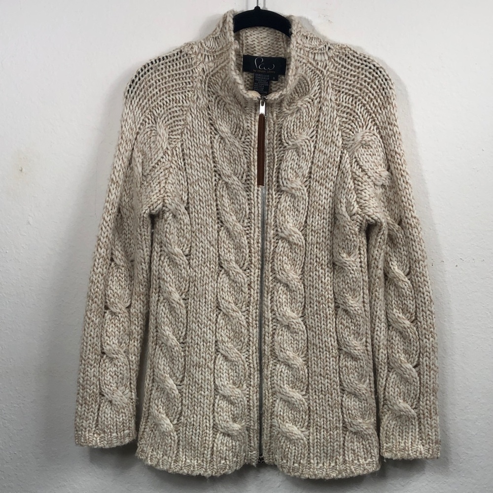Chunky Cable Knit Zip-Front Cardigan Sweater - Cream